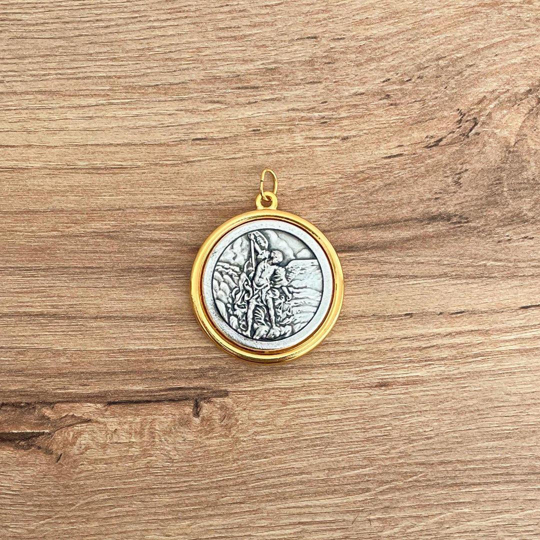 Italian Medallion of St. Michael the Archangel and Guardian Angel Bicolor 0.9"