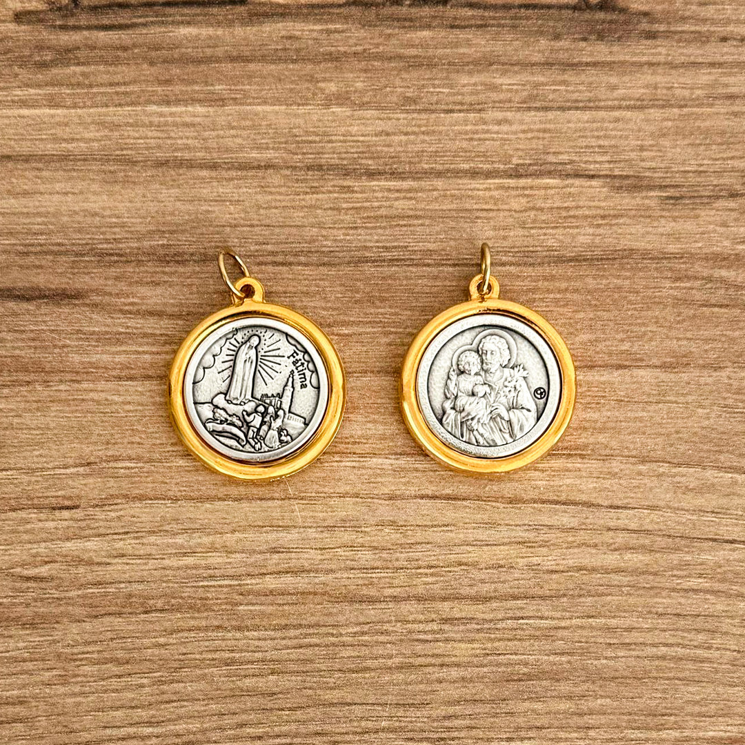 Italian Medallion of Our Lady of Fátima and Saint Joseph Bicolor 0.9"