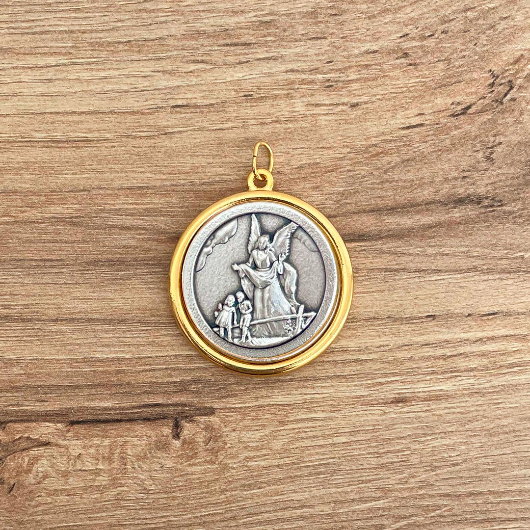 Italian Medallion of Saint Michael the Archangel and Guardian Angel Bicolor 1.18"