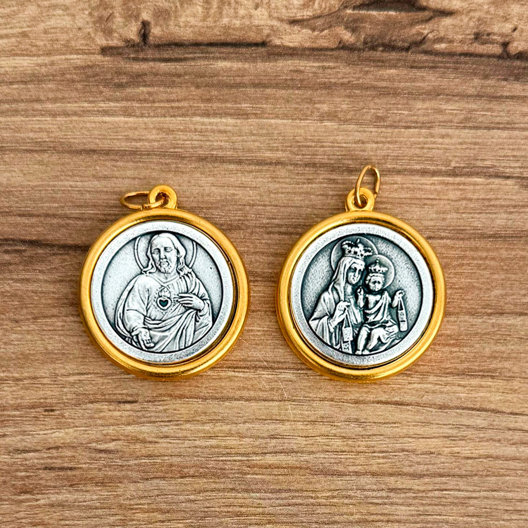 Italian Medallion of Our Lady of Mount Carmel and Sacred Heart Bicolor 1.18"