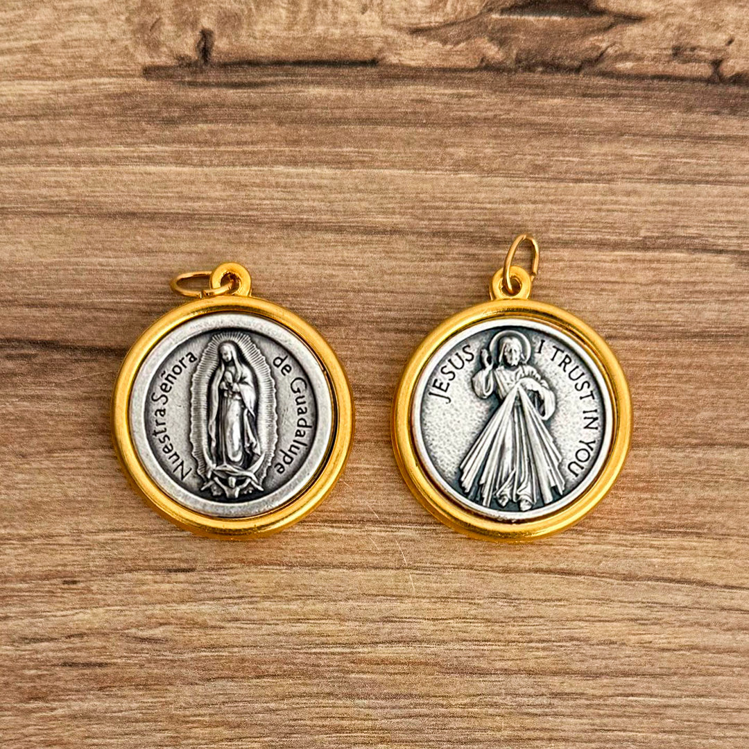 Italian Medallion of Our Lady of Guadalupe and Jesus of Mercy Bicolor 1.18"