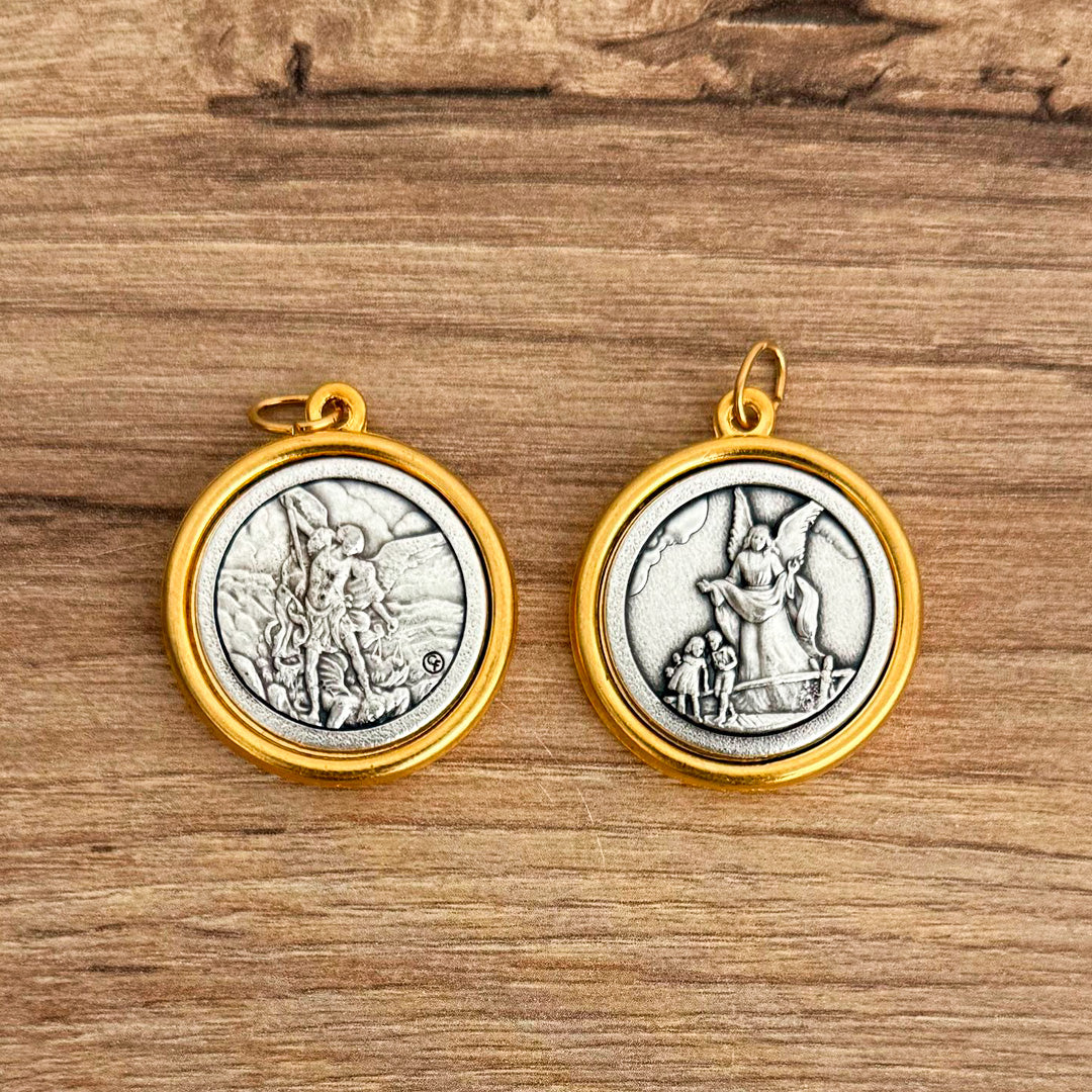 Italian Medallion of Saint Michael the Archangel and Guardian Angel Bicolor 1.18"