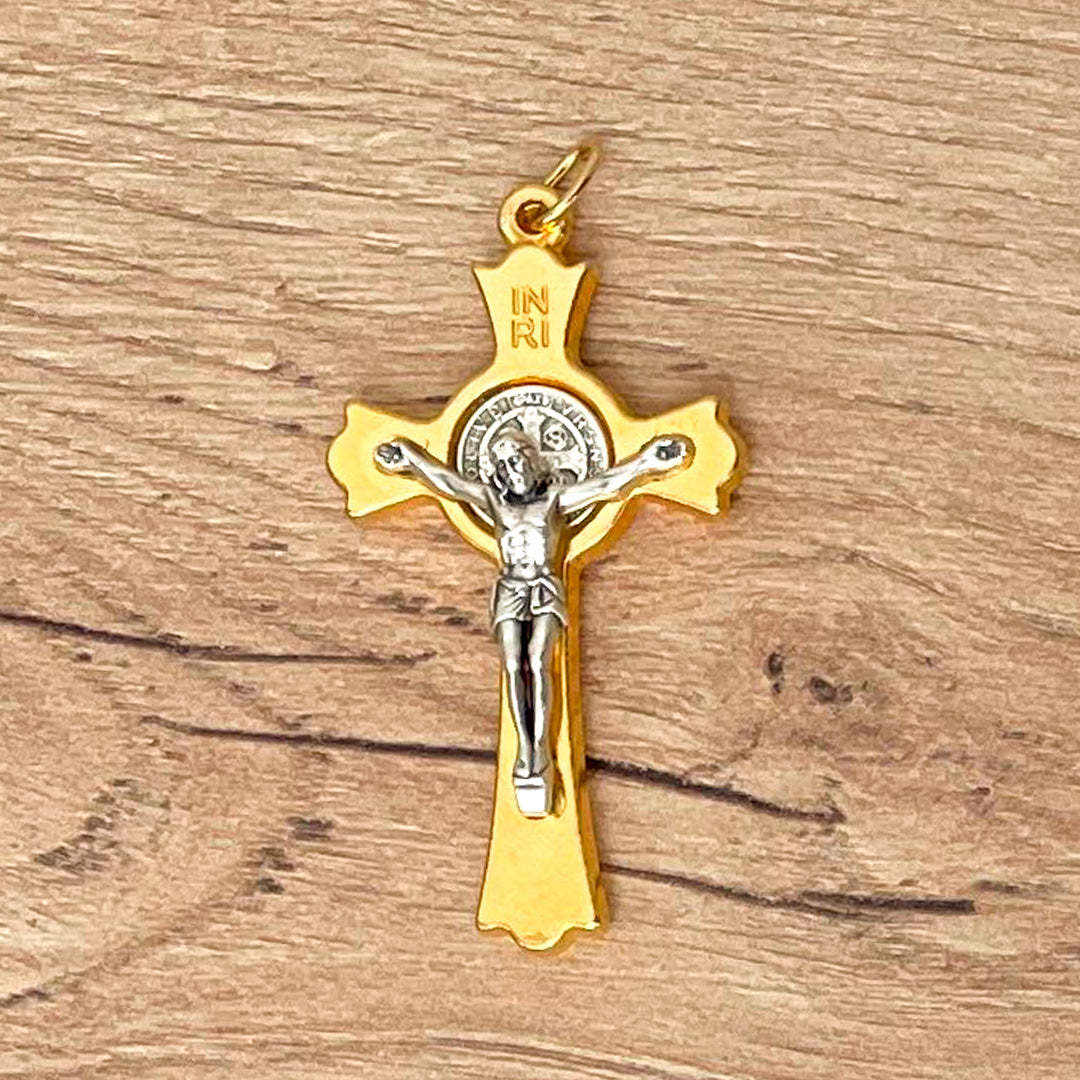 Saint Benedict Cristo or Cross Italian Gold-Plated Zamak 2" x 1.2"