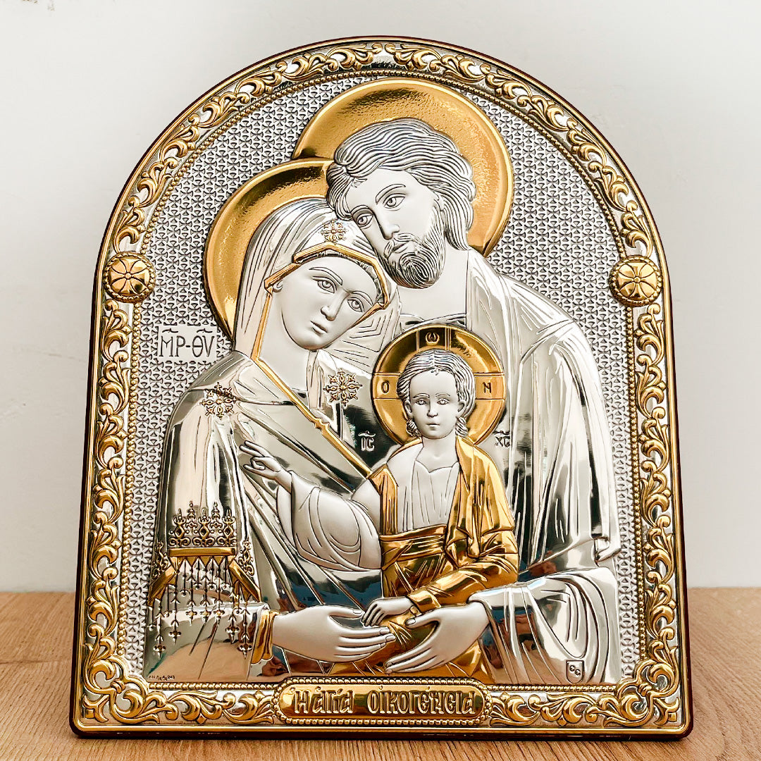 Byzantine-Style Holy Family Plaque in Bilaminated Aluminum with Gold-Plated Finish