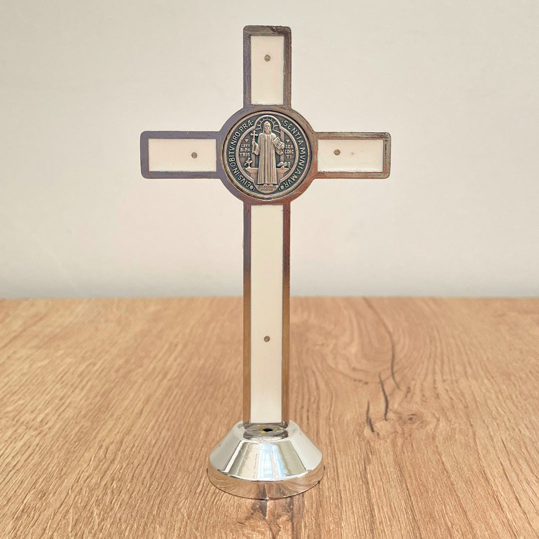 Christ (Crucified Jesus) with St. Benedict Medal in Zamak with White Resin-Coated Base