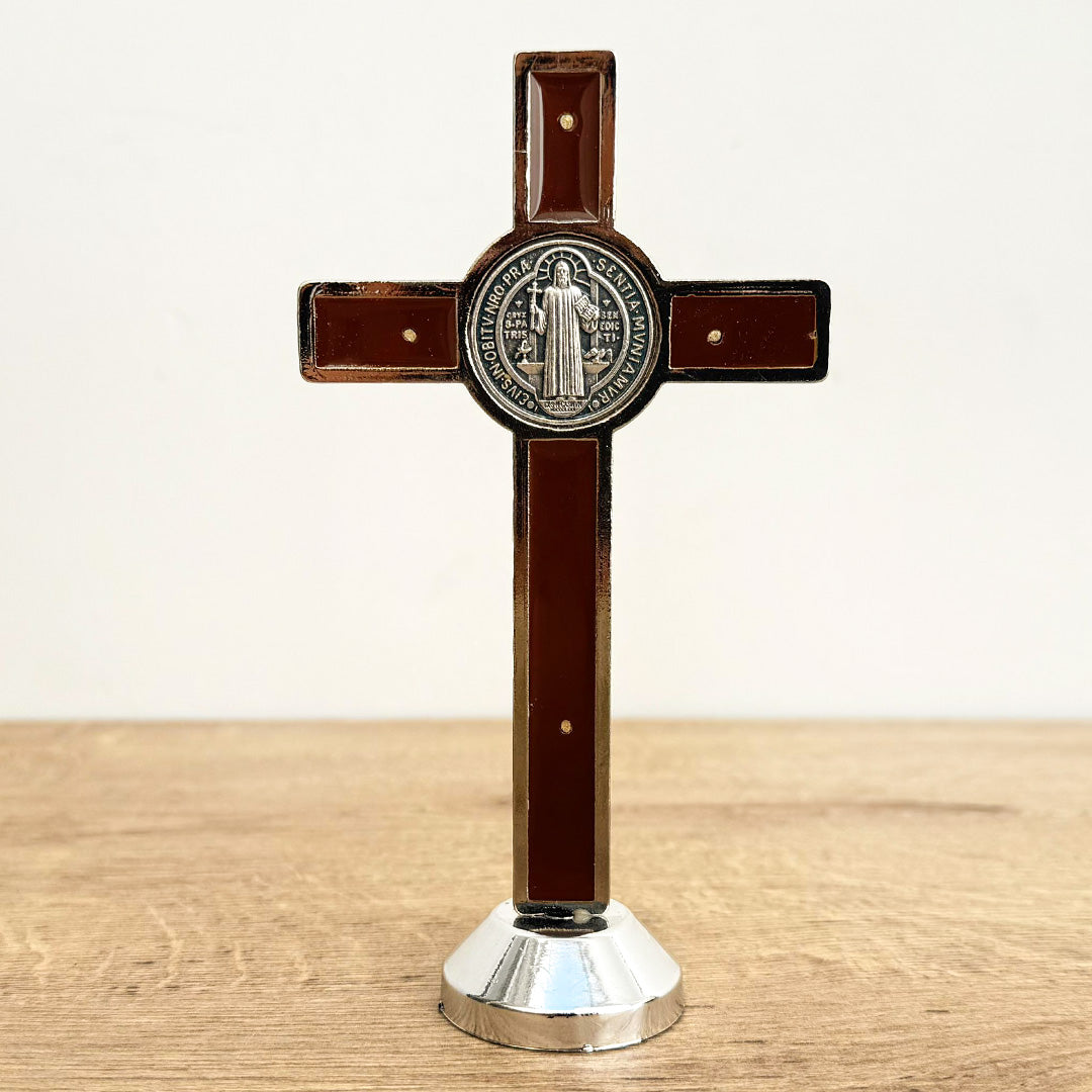 Christ (Crucified Jesus) with St. Benedict Medal in Zamak with Brown Resin-Coated Base