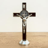 Christ (Crucified Jesus) with St. Benedict Medal in Zamak with Brown Resin-Coated Base