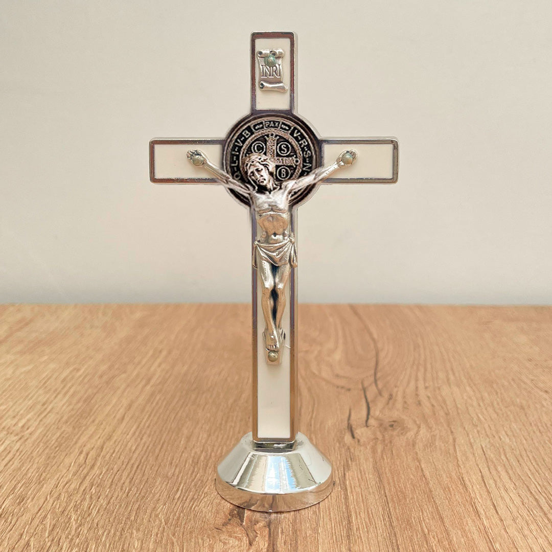 Christ (Crucified Jesus) with St. Benedict Medal in Zamak with White Resin-Coated Base