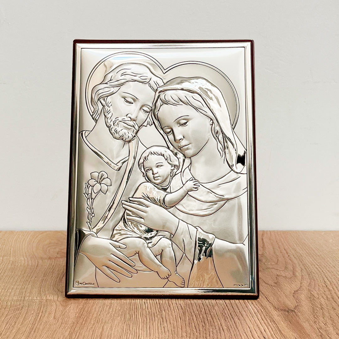 Modern-Style Holy Family Plaque in Silver-Toned Bilaminated Aluminum