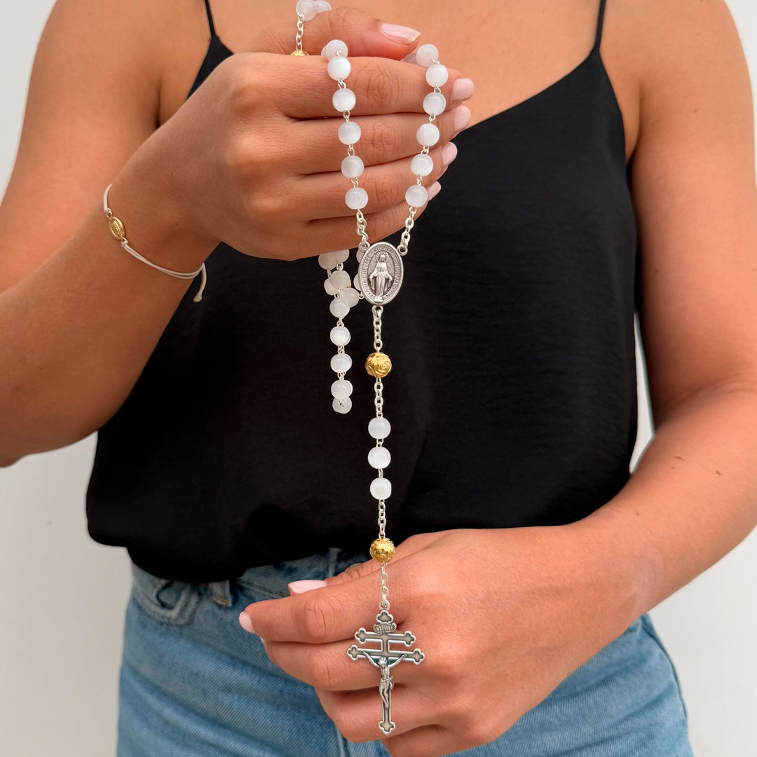 Rosary in Zamak with Mother-of-Pearl Resin Beads and Lorraine Cross – 20.1 inches (51 cm)