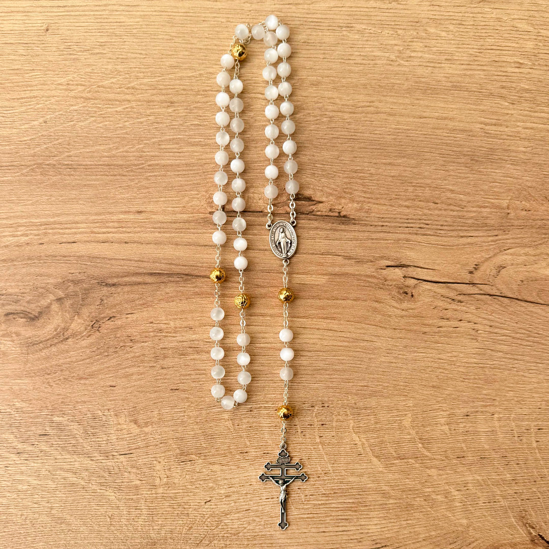 Rosary in Zamak with Mother-of-Pearl Resin Beads and Lorraine Cross – 20.1 inches (51 cm)