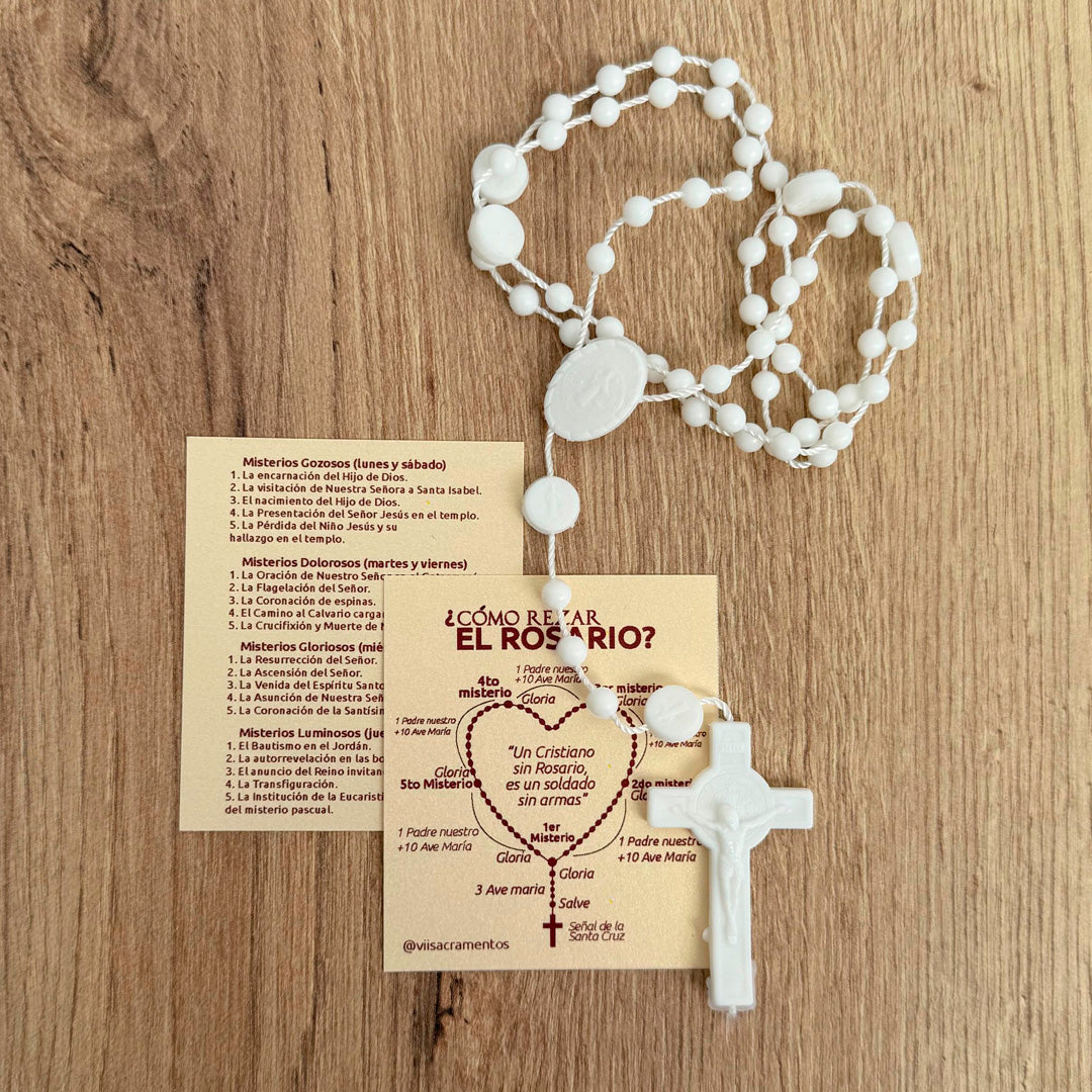 White Plastic Rosary with Saint Benedict Medals and Crucifix