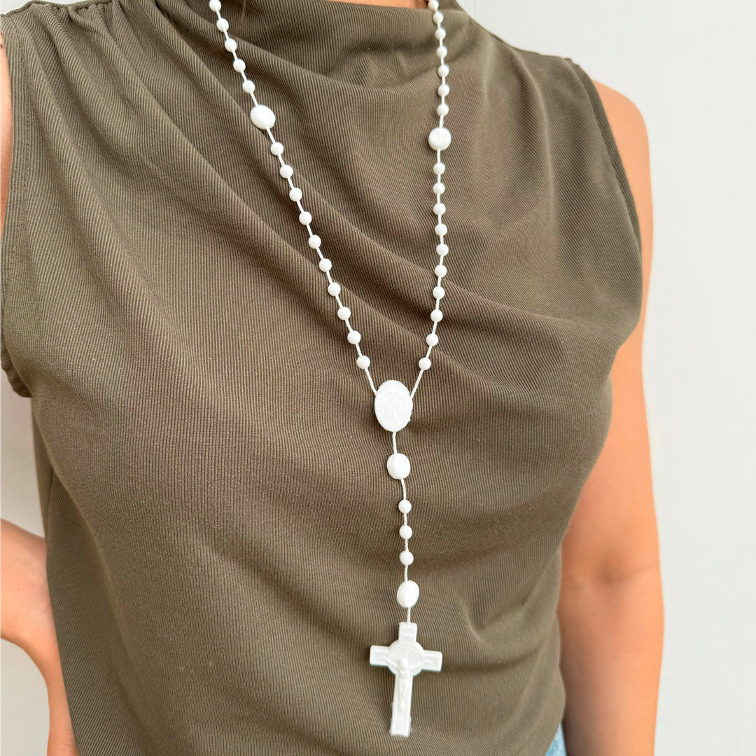 White Plastic Rosary with Saint Benedict Medals and Crucifix