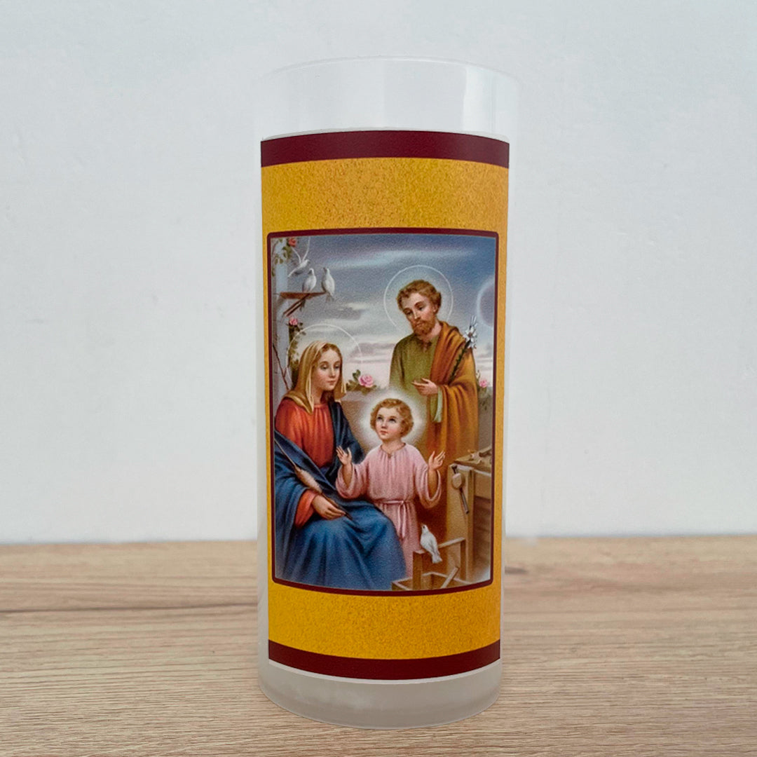 White Candle in Plastic Cup with Image of the Holy Family