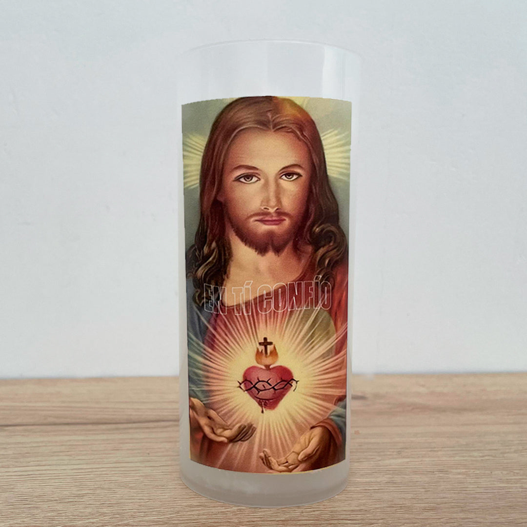 White Candle in Plastic Cup with Image of the Sacred Heart