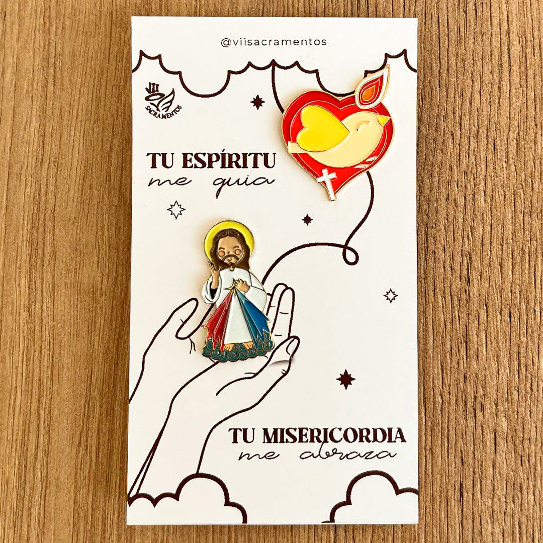Divine Mercy and Holy Spirit pin set Catholic devotional pins kawaii style VII Sacramentos resin coated Jesus mercy dove confirmation gift set