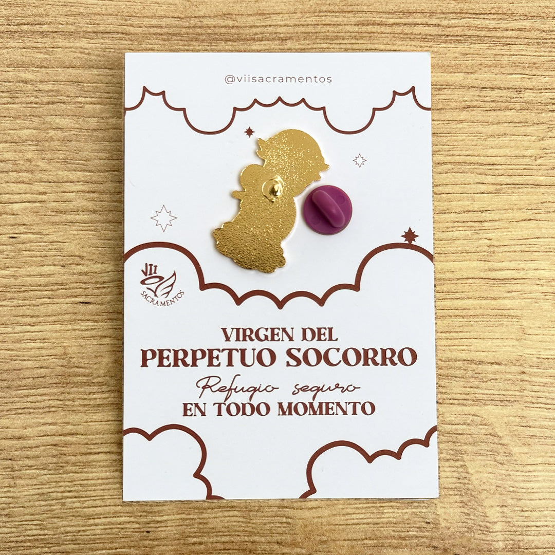 Our Lady of Perpetual Help Pin / Pin Virgen del Perpetuo Socorro enamel pin with kawaii illustration on presentation card — VII Sacramentos Catholic gifts from Colombia