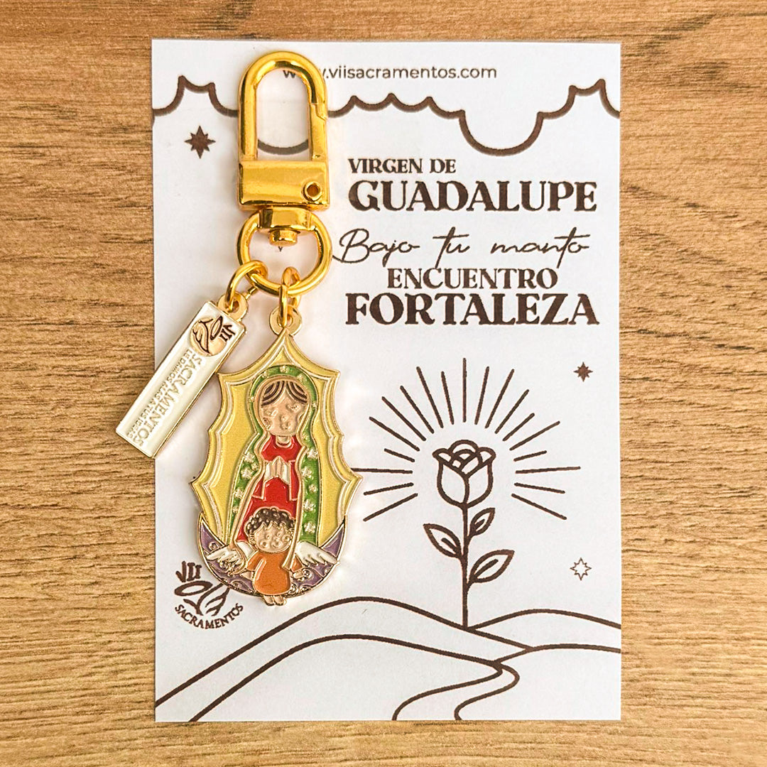 Our Lady of Guadalupe Keychain / Llavero Virgen de Guadalupe enamel keychain charm with carabiner clasp on illustrated presentation card — VII Sacramentos Catholic gifts from Colombia