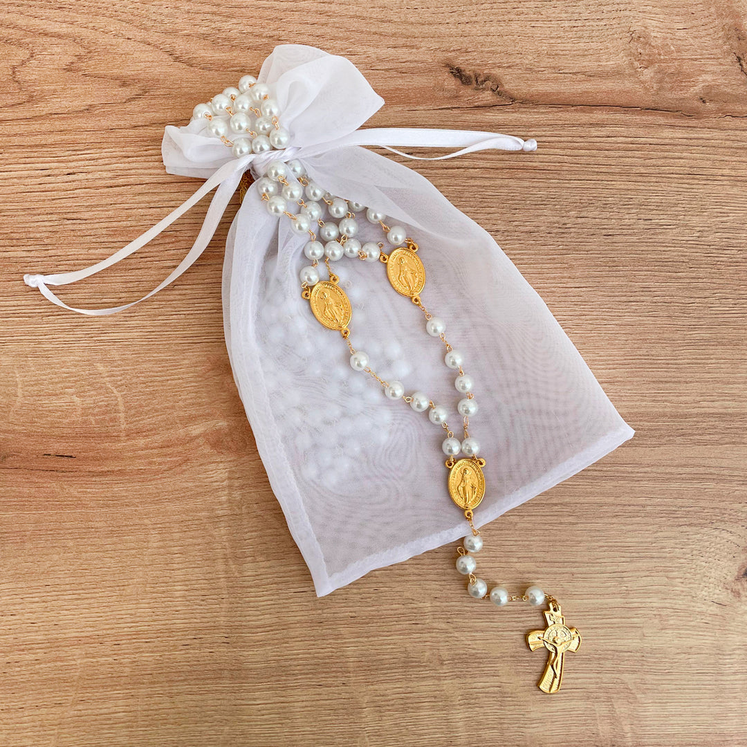 Double Rosary in Italian Alpaca with Gold Plating and White Pearls