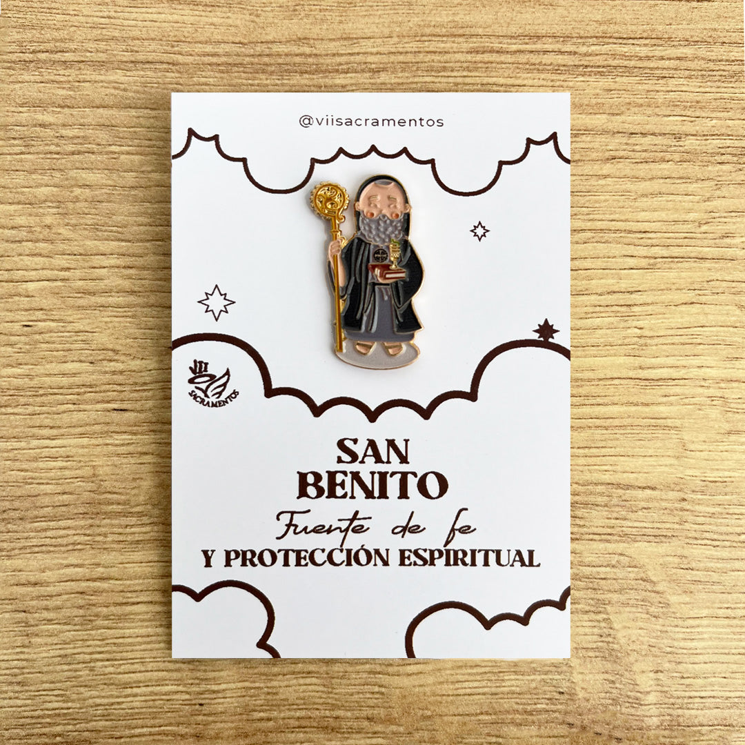 Saint Benedict enamel pin San Benito Catholic protection medal kawaii style VII Sacramentos handmade resin coated 3.2 cm devotional jewelry