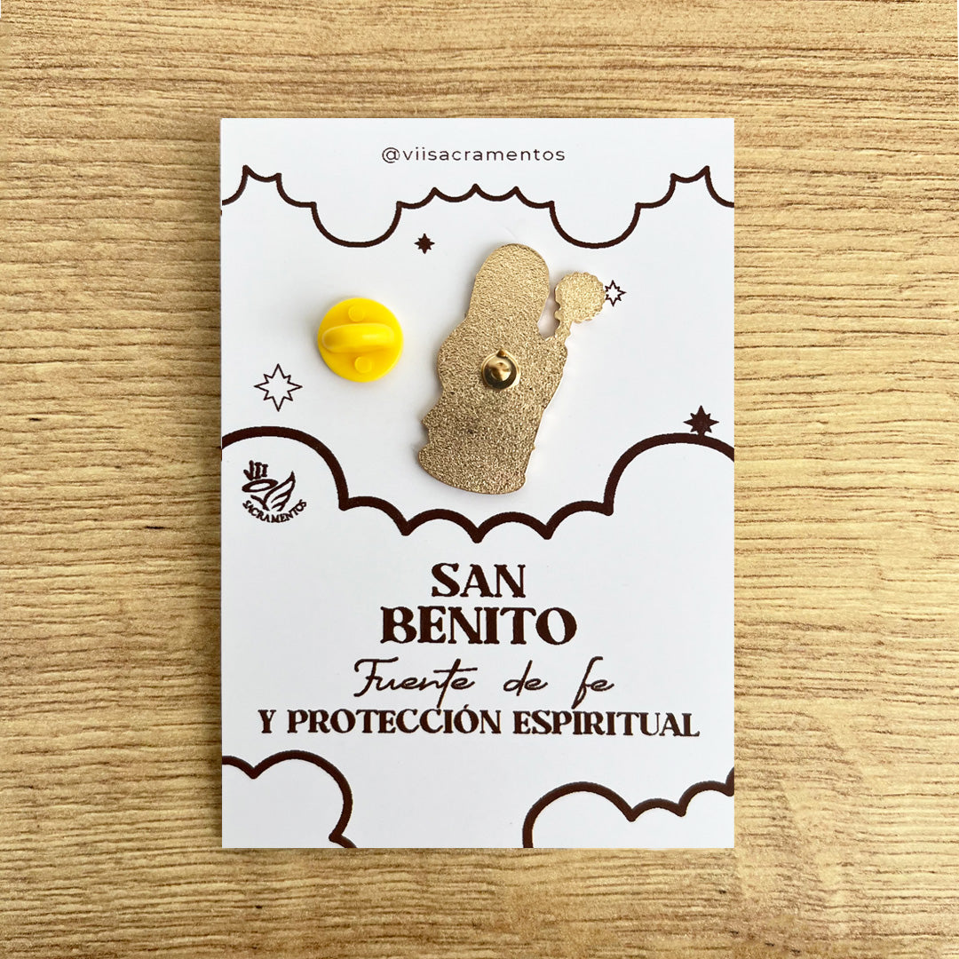 Saint Benedict enamel pin San Benito Catholic protection medal kawaii style VII Sacramentos handmade resin coated 3.2 cm devotional jewelry