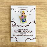 Mary Help of Christians enamel pin María Auxiliadora Catholic pin kawaii style VII Sacramentos handmade resin coated 3.2 cm devotional jewelry