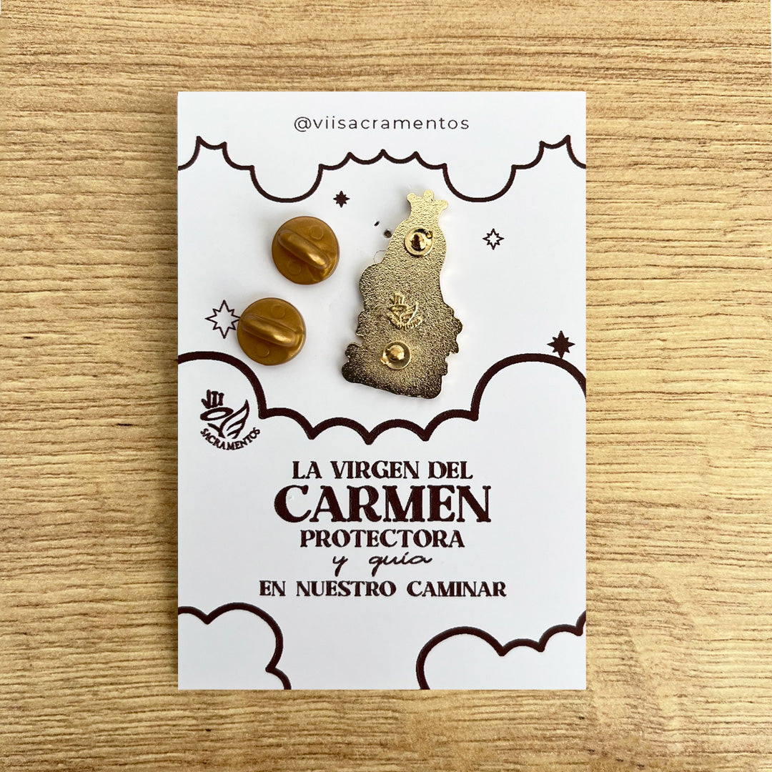 Our Lady of Mount Carmel enamel pin Virgen del Carmen Catholic scapular devotion pin kawaii style VII Sacramentos handmade resin coated 3.2 cm devotional jewelry