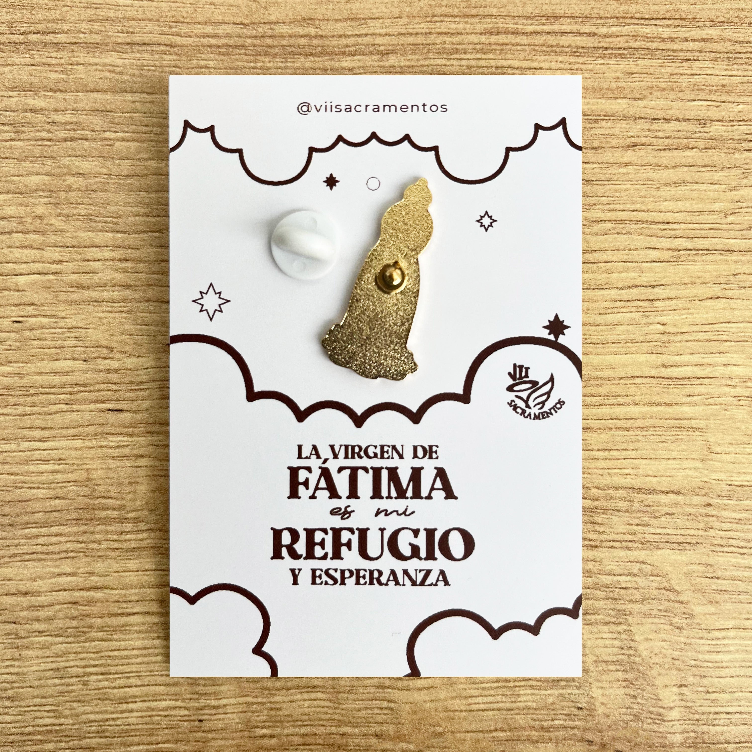Back of Our Lady of Fatima metal pin showing double safety clasp — handcrafted Catholic pin by VII Sacramentos