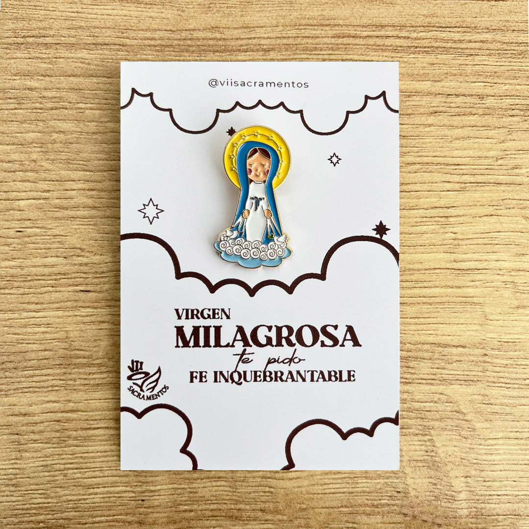 Miraculous Medal Virgin enamel pin Virgen de la Medalla Milagrosa Catholic pin kawaii style VII Sacramentos handmade resin coated 3.2 cm devotional jewelry
