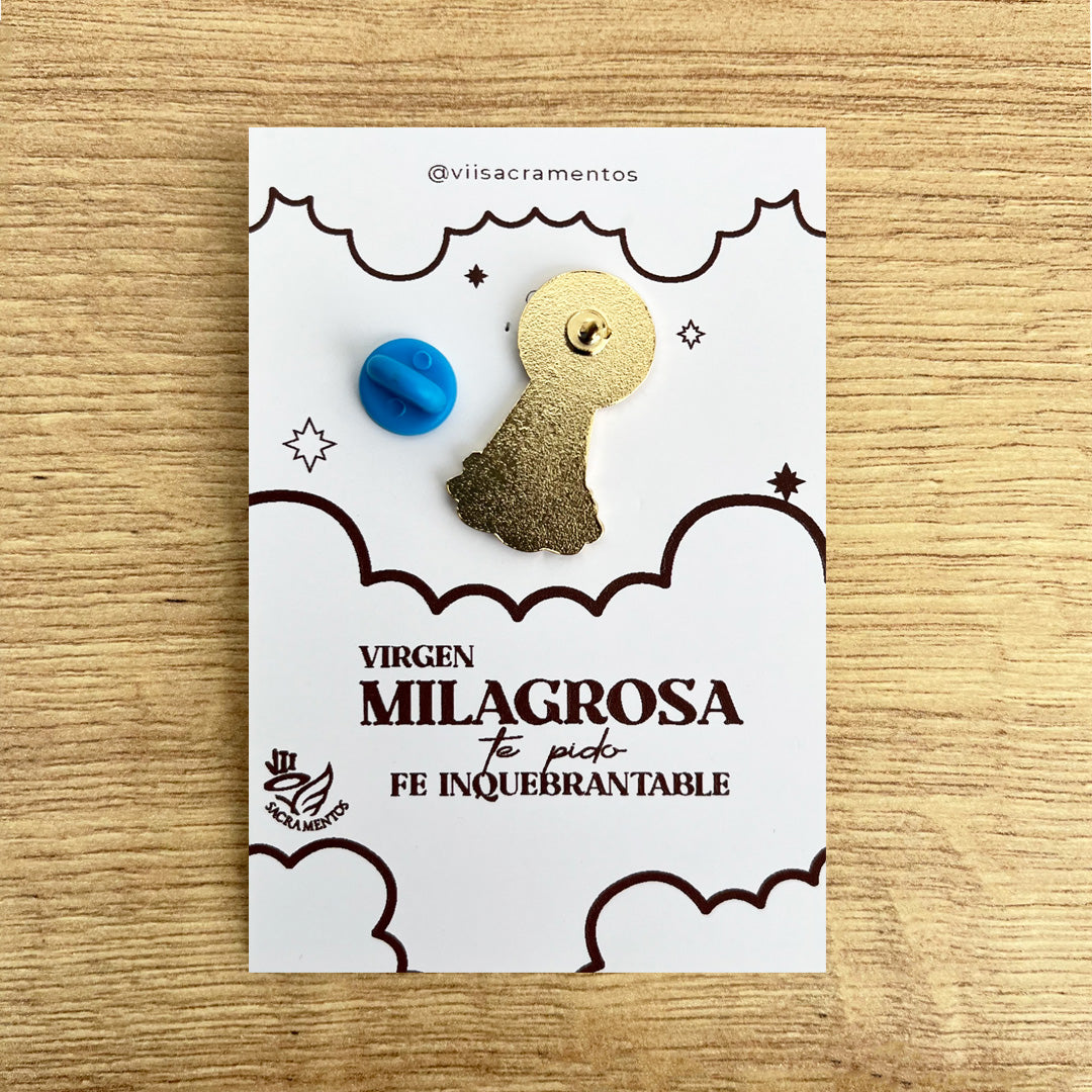 Miraculous Medal Virgin enamel pin Virgen de la Medalla Milagrosa Catholic pin kawaii style VII Sacramentos handmade resin coated 3.2 cm devotional jewelry
