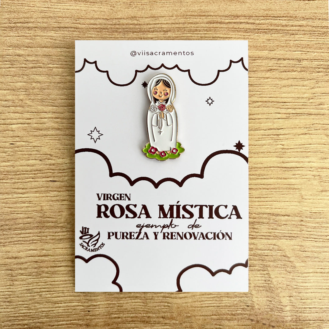 Mystical Rose Virgin enamel pin Virgen Rosa Mistica Catholic pin kawaii style VII Sacramentos handmade resin coated 3.2 cm devotional jewelry