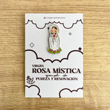 Mystical Rose Virgin enamel pin Virgen Rosa Mistica Catholic pin kawaii style VII Sacramentos handmade resin coated 3.2 cm devotional jewelry