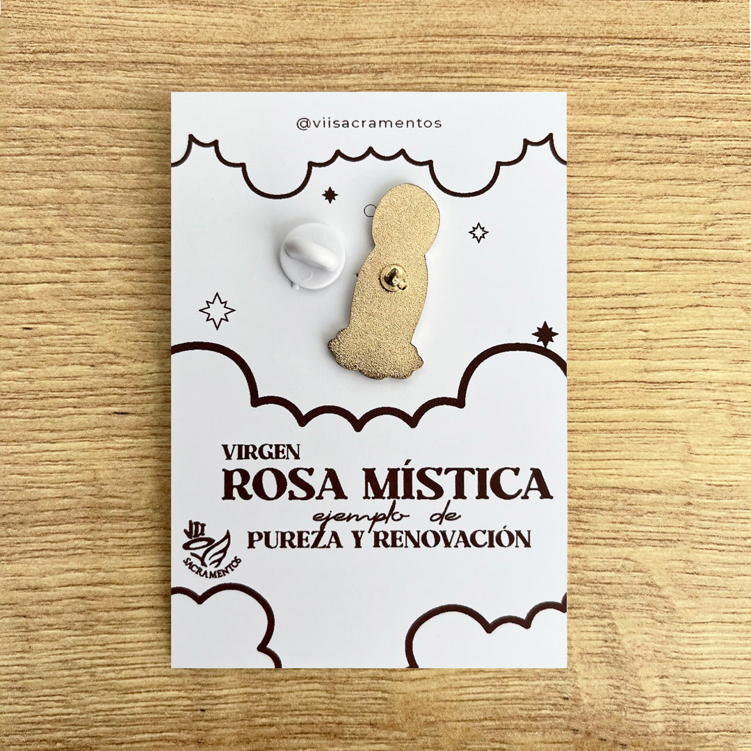 Mystical Rose Virgin enamel pin Virgen Rosa Mistica Catholic pin kawaii style VII Sacramentos handmade resin coated 3.2 cm devotional jewelry