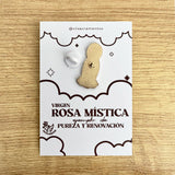 Mystical Rose Virgin enamel pin Virgen Rosa Mistica Catholic pin kawaii style VII Sacramentos handmade resin coated 3.2 cm devotional jewelry