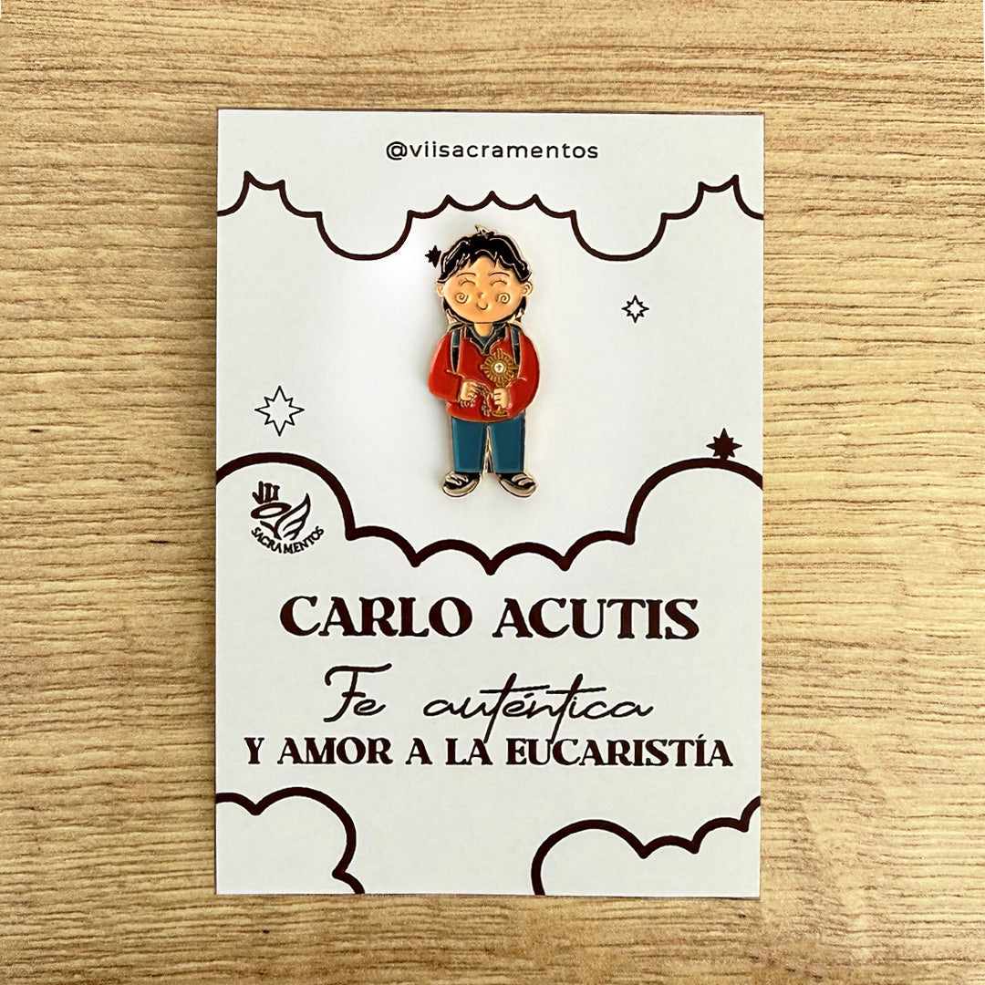 Carlo Acutis Pin enamel pin with kawaii illustration on presentation card — VII Sacramentos Catholic gifts from Colombia