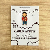 Carlo Acutis Pin enamel pin with kawaii illustration on presentation card — VII Sacramentos Catholic gifts from Colombia