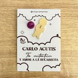 Carlo Acutis Pin enamel pin with kawaii illustration on presentation card — VII Sacramentos Catholic gifts from Colombia